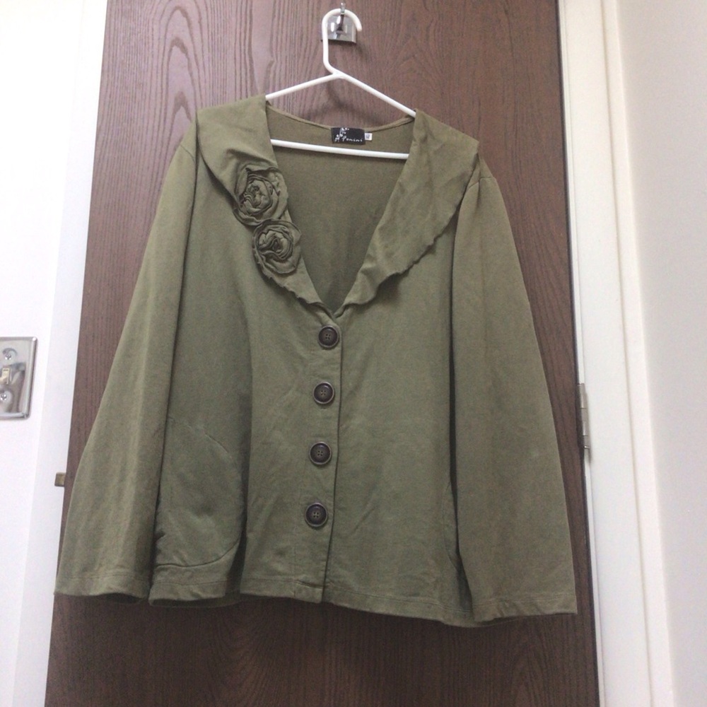 Fenini Olive Green Women's Tunic with Floral Detail 100% cotton, pockets, sz XL